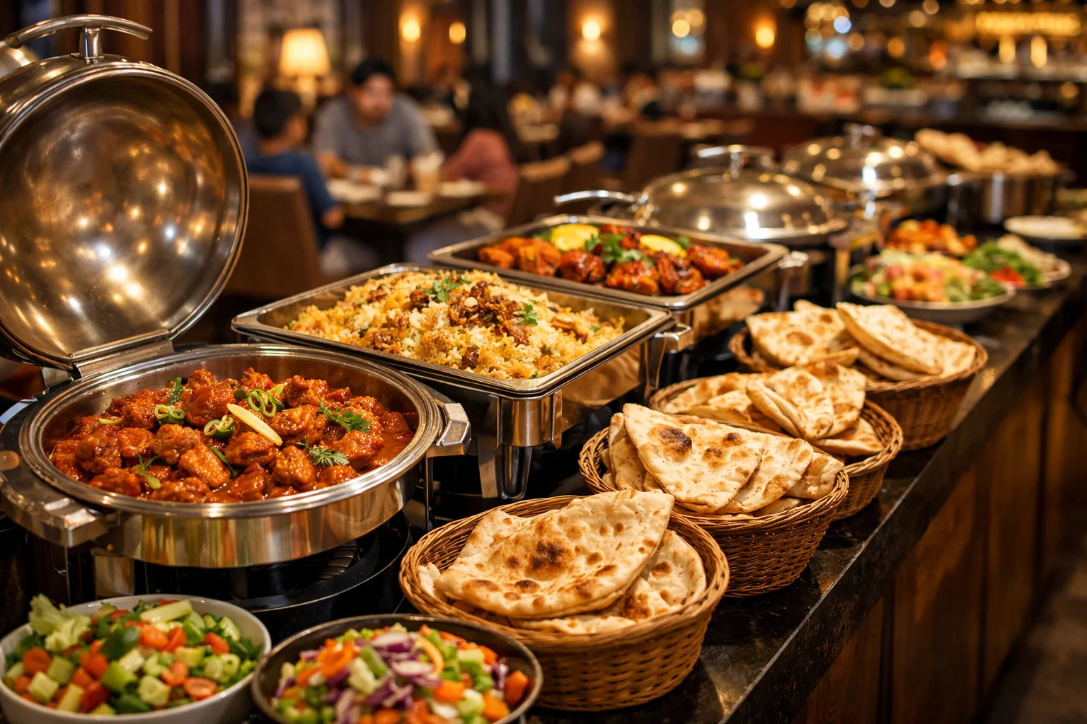 buffet-restaurants-in-mirpur-ajk Buffet dinner setup with Pakistani dishes at a restaurant in Mirpur AJK