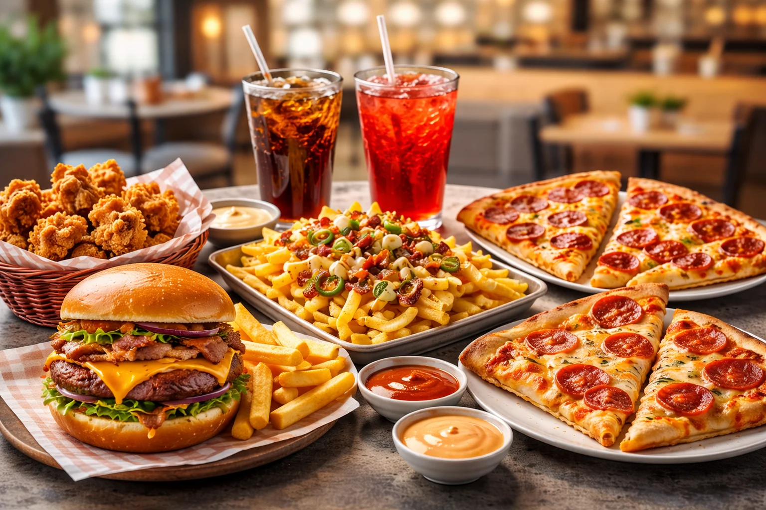 Burger, fries and pizza served at a casual dining restaurant in Mirpur AJK