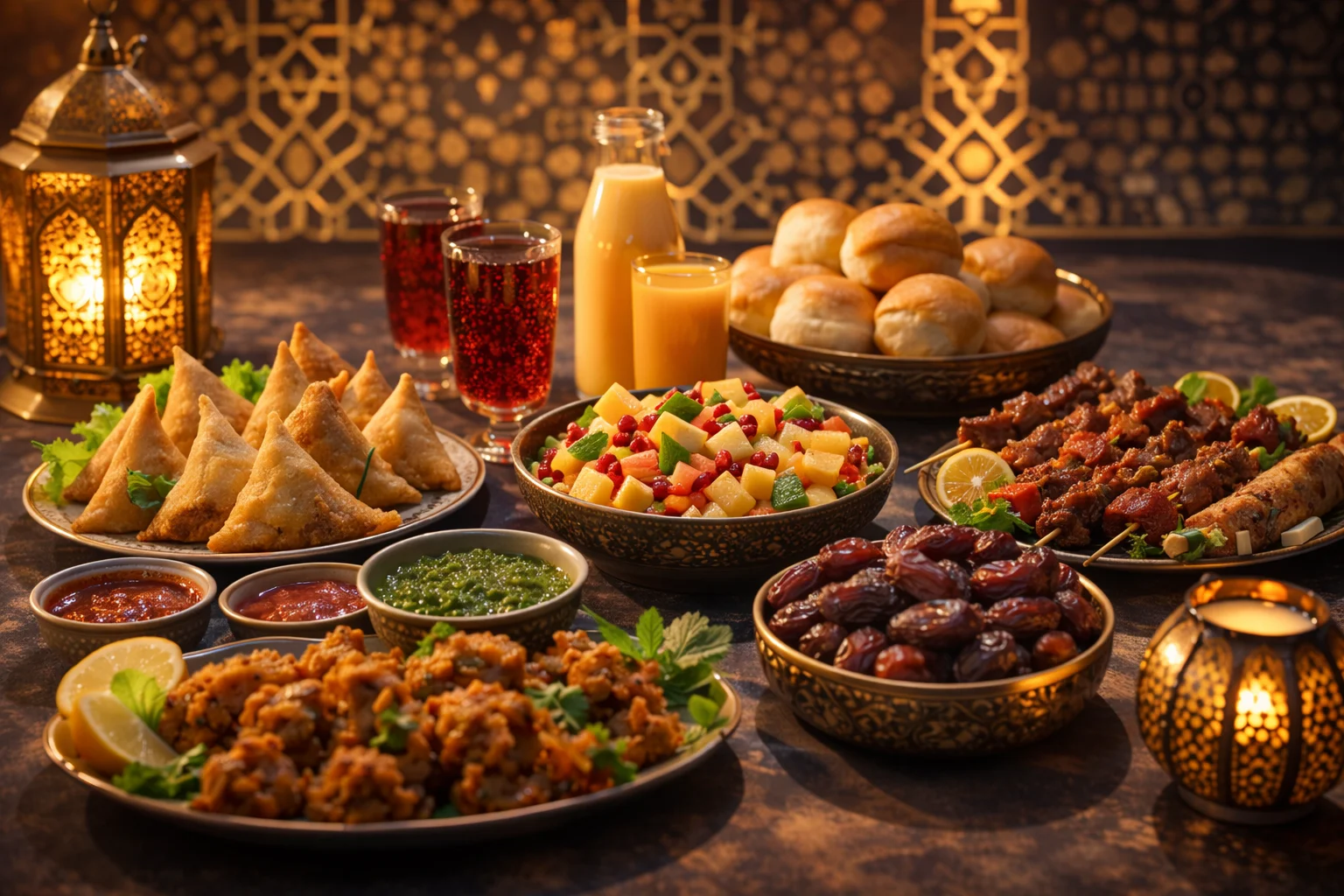 Ramadan iftar platter with samosas, pakoras, fruit chaat and BBQ in Mirpur AJK